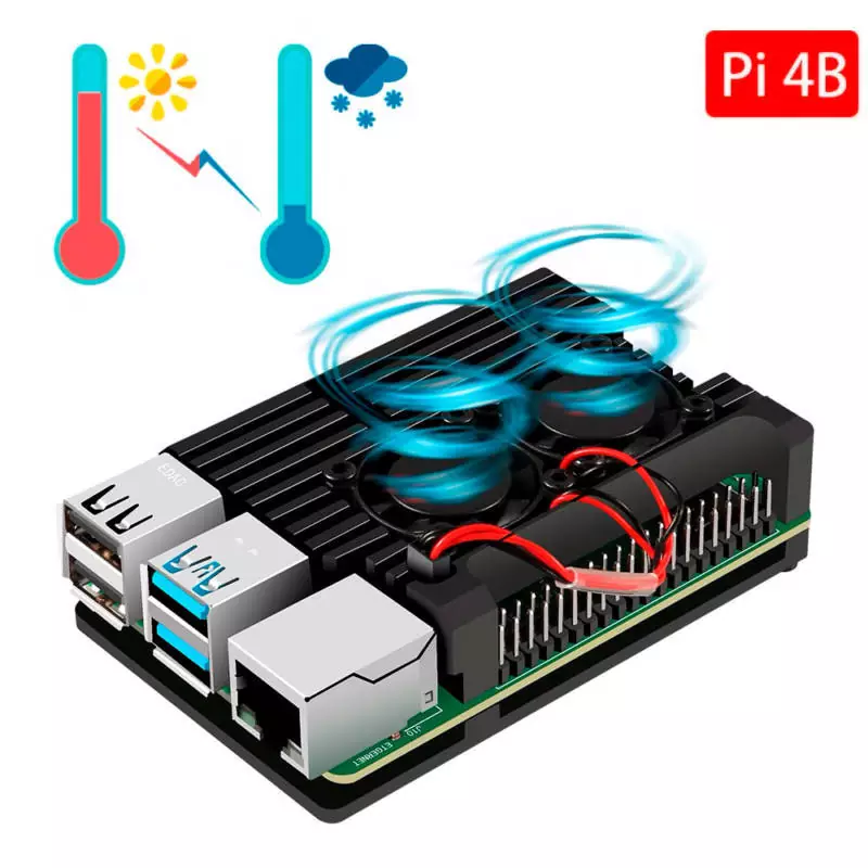 Case Alumínio p/ Raspberry Pi 4 com Duplo Cooler FAN