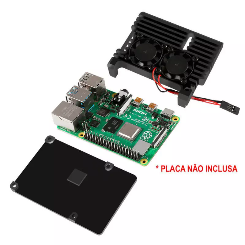 Case Alumínio p/ Raspberry Pi 4 com Duplo Cooler FAN