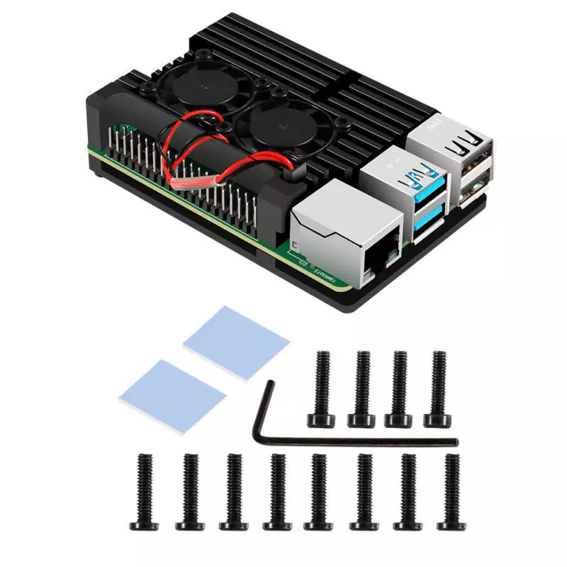 Case Alumínio p/ Raspberry Pi 4 com Duplo Cooler FAN