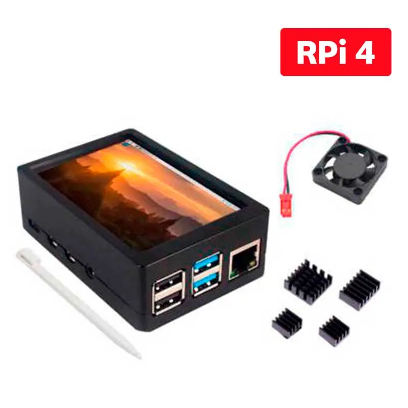 Tela Display Touch Screen 3.5 pol. p/ Raspberry Pi 4 + Case c/ Cooler e Dissipadores de Calor