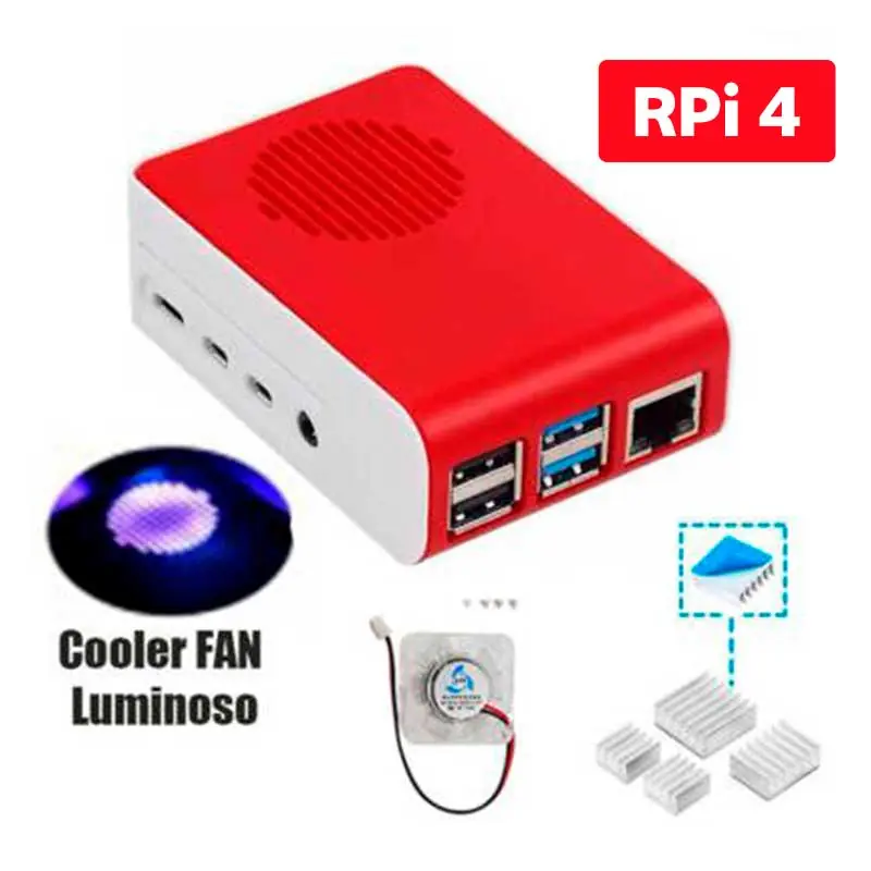 Case + Dissipadores e Cooler Luminoso p/ Raspberry Pi 4 B