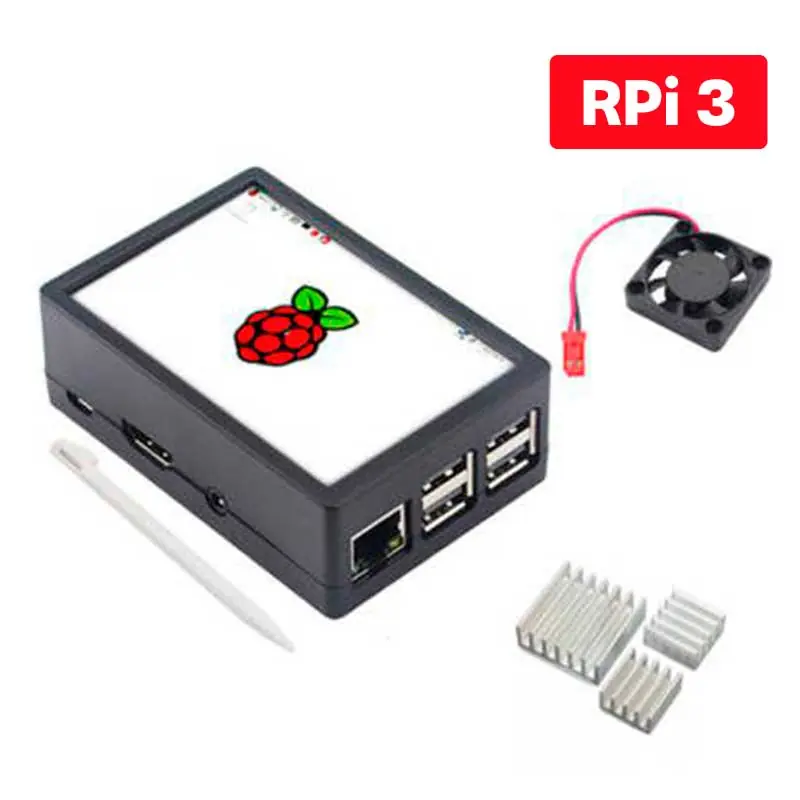 Tela Display Touch Screen 3.5 pol. p/ Raspberry Pi 3 + Case c/ Cooler e Dissipadores de Calor