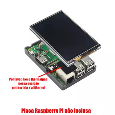 Tela Display Touch Screen 3.5 pol. p/ Raspberry Pi 4 + Case c/ Cooler e Dissipadores de Calor