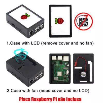 Tela Display Touch Screen 3.5 pol. p/ Raspberry Pi 4 + Case c/ Cooler e Dissipadores de Calor