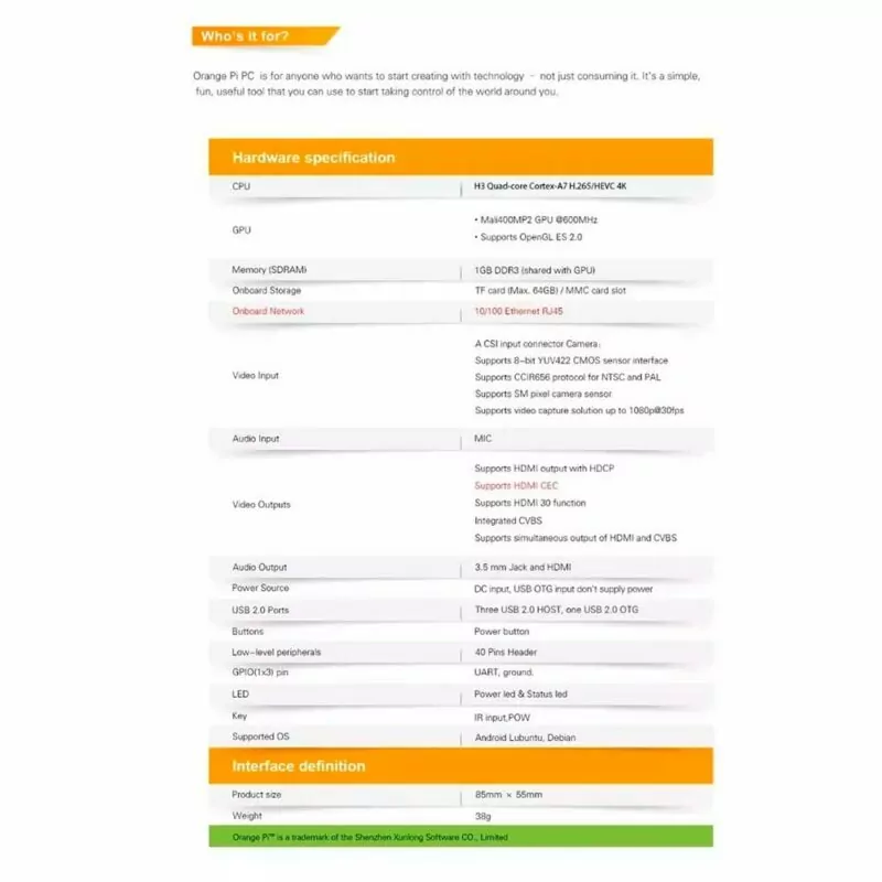 Orange Pi PC 1GB H3 Quad-Core