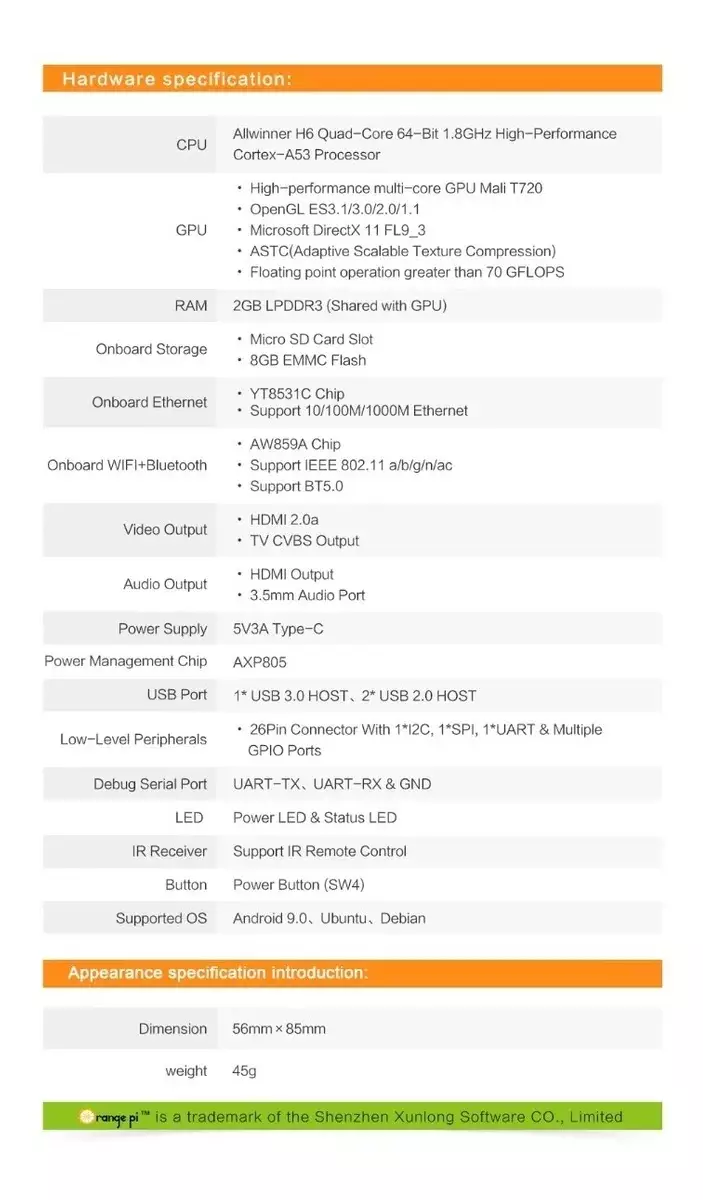 Orange Pi 3 LTS 2GB de Ram, 8GB eMMC c/ Wifi + Bluetooth