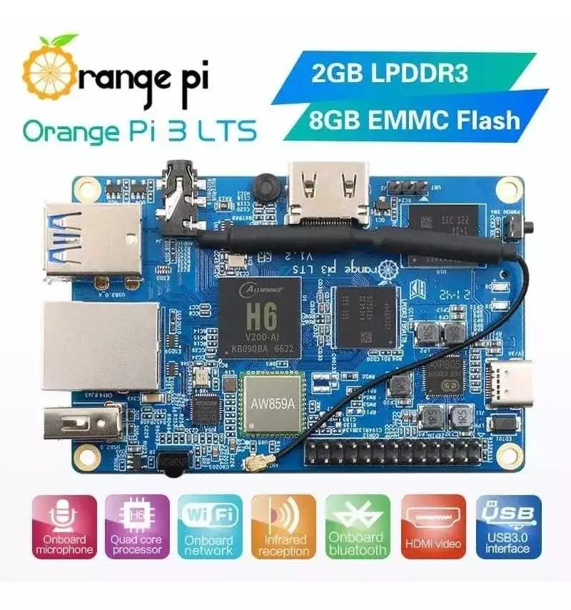 Orange Pi 3 LTS 2GB de Ram, 8GB eMMC c/ Wifi + Bluetooth