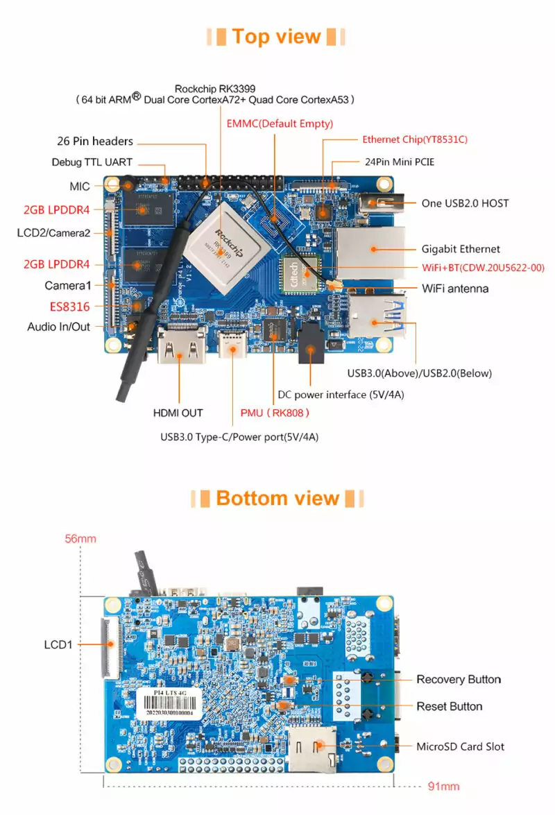 Orange Pi 4 LTS 4GB de Ram c/ Wifi + Bluetooth