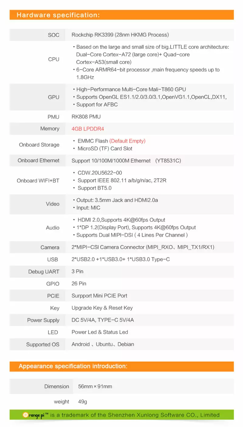 Orange Pi 4 LTS 4GB de Ram c/ Wifi + Bluetooth