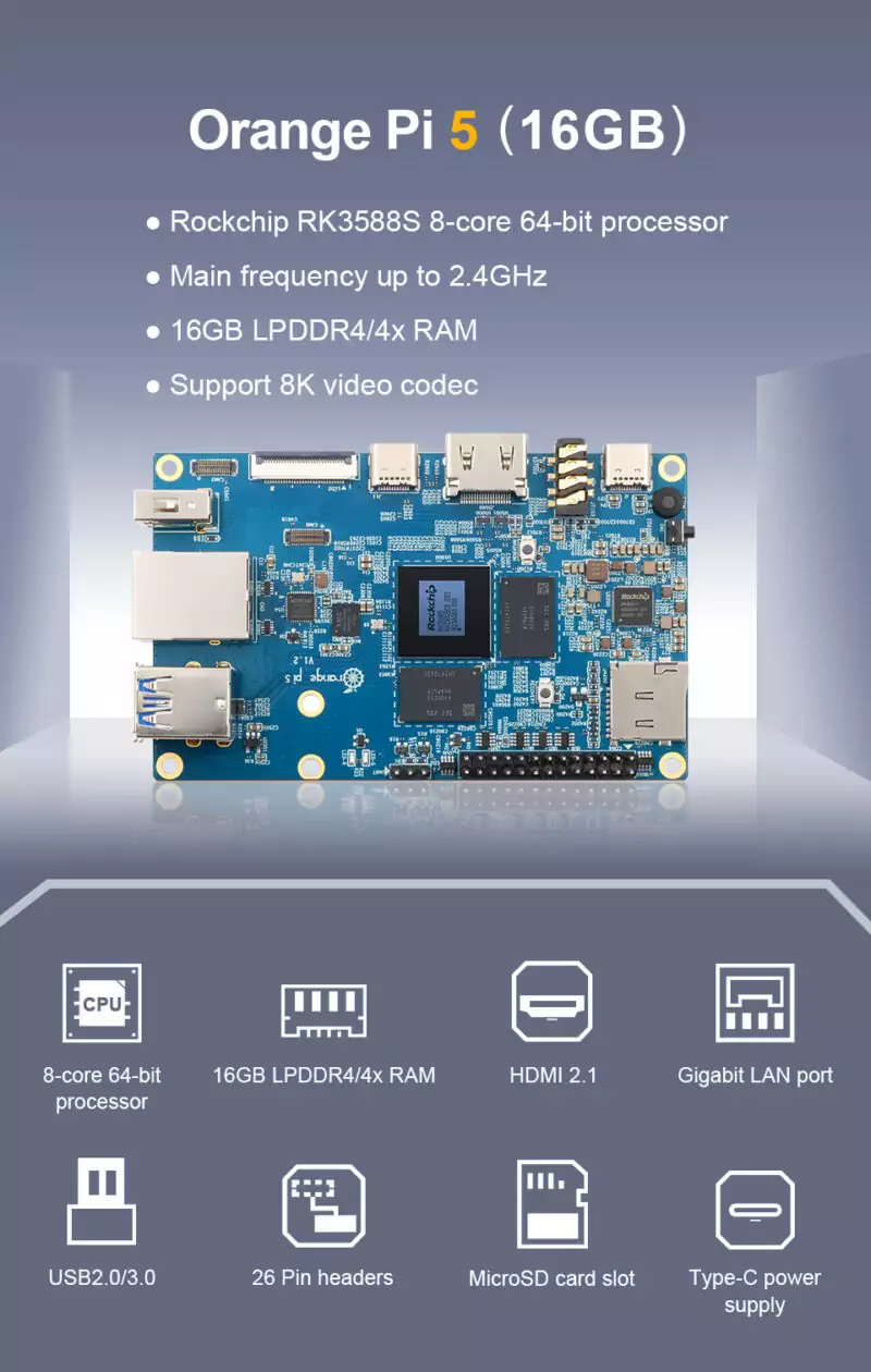 Orange Pi 5 c/ 16GB de RAM DDR4 Rockchip RK3588S Octa-core