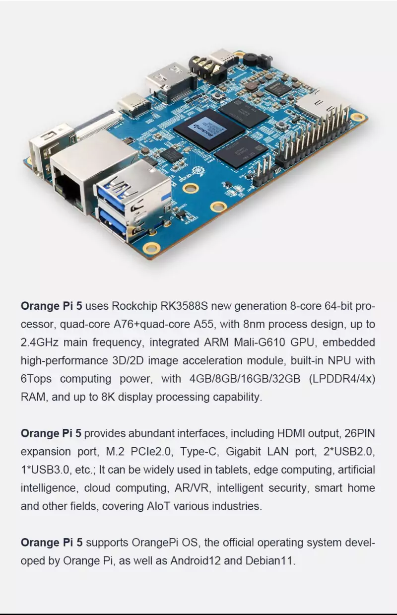 Orange Pi 5 c/ 16GB de RAM DDR4 Rockchip RK3588S Octa-core