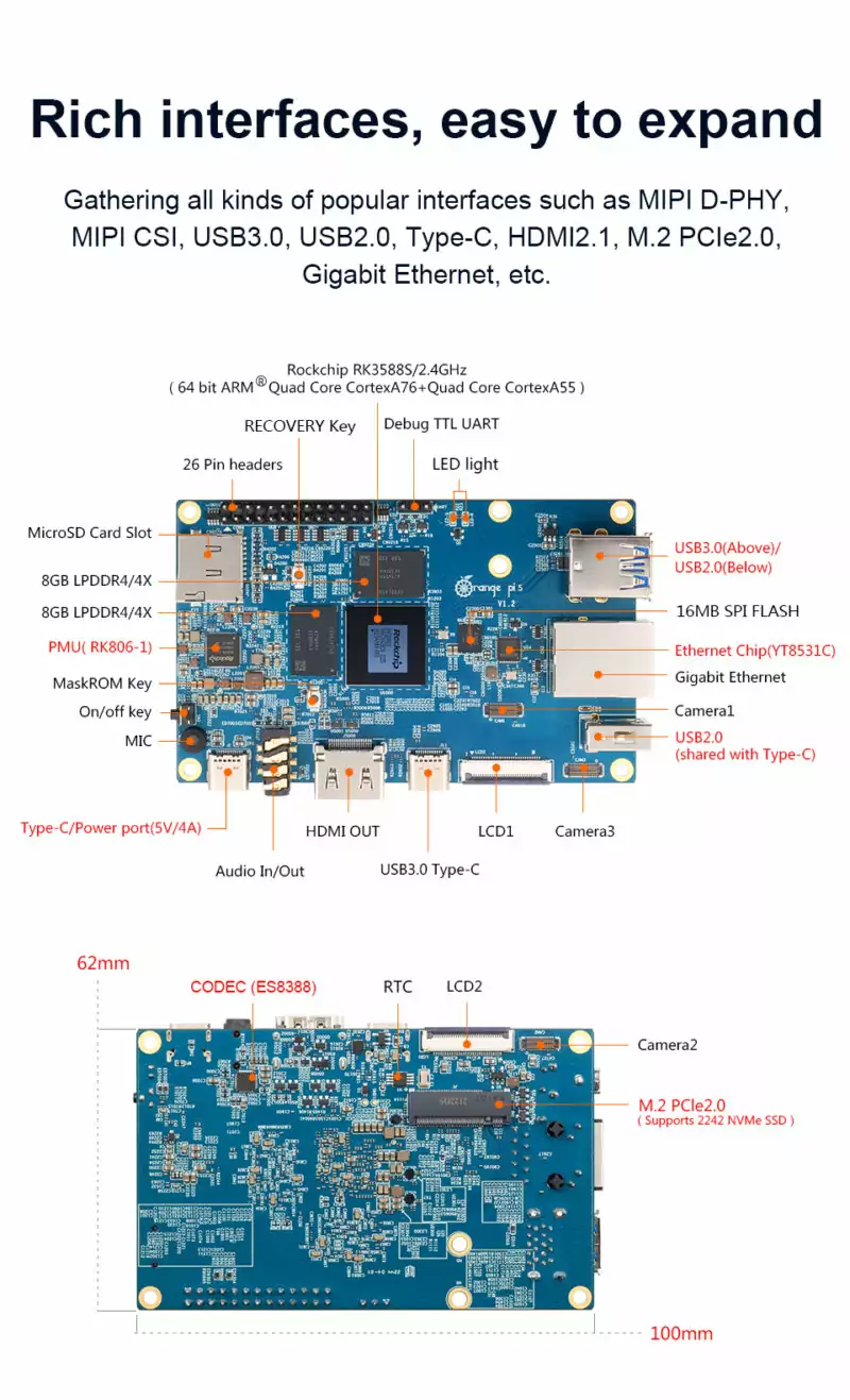 Orange Pi 5 c/ 16GB de RAM DDR4 Rockchip RK3588S Octa-core