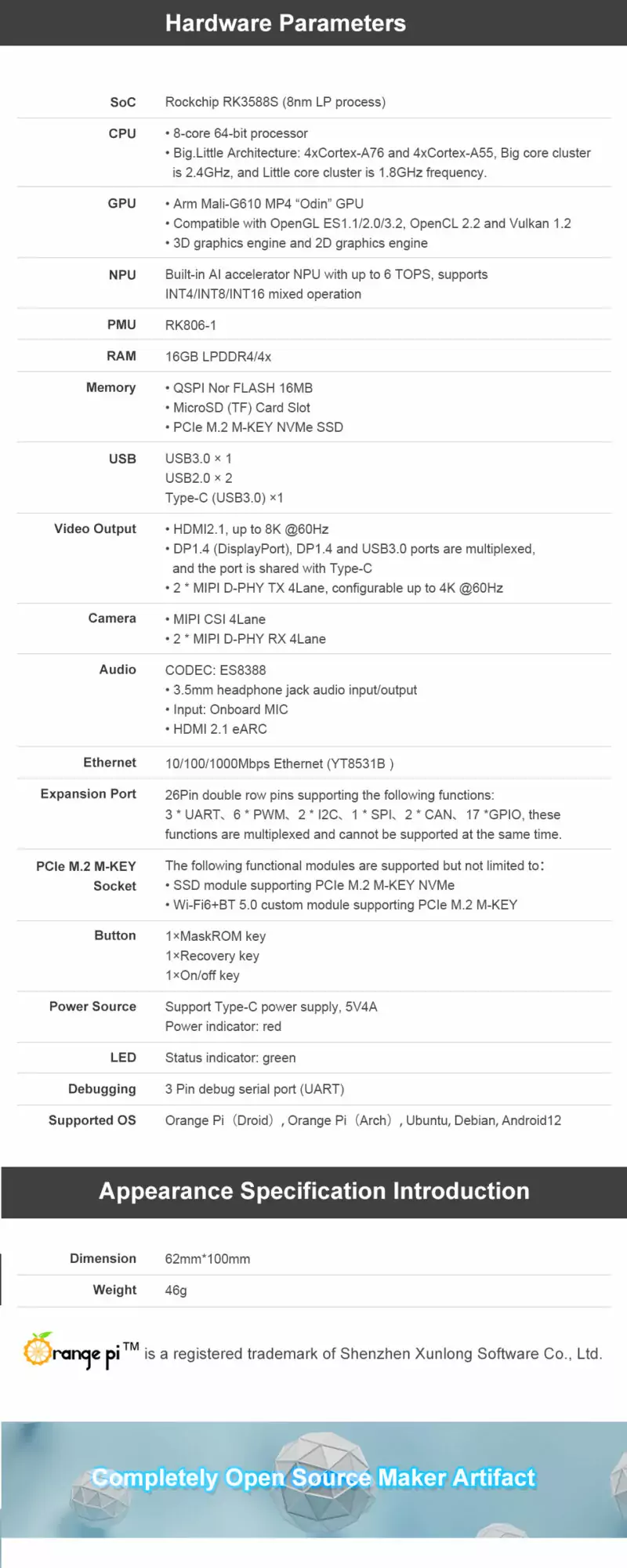 Orange Pi 5 c/ 16GB de RAM DDR4 Rockchip RK3588S Octa-core