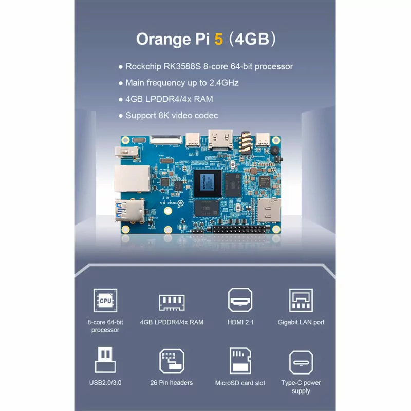 Orange Pi 5 c/ 4GB de RAM DDR4 Rockchip RK3588S Octa-core