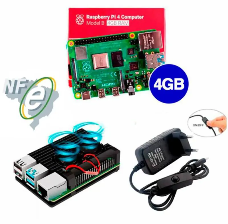 Kit Raspberry Pi 4 4GB c/ Case Alumínio c/ Duplo Cooler Fan e Fonte