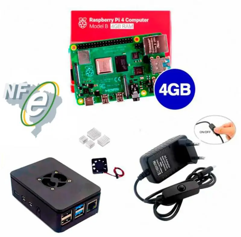 Kit Raspberry Pi 4 4GB c/ Case, Cooler, Fonte e Dissipadores