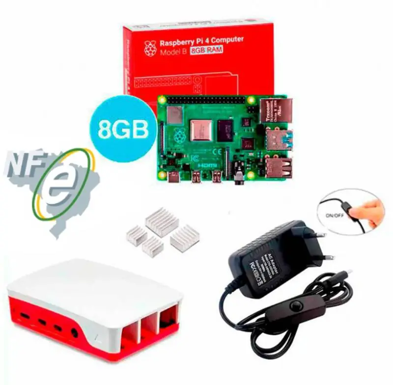 Kit Raspberry Pi 4 8GB c/ Case Oficial, Fonte e Dissipadores