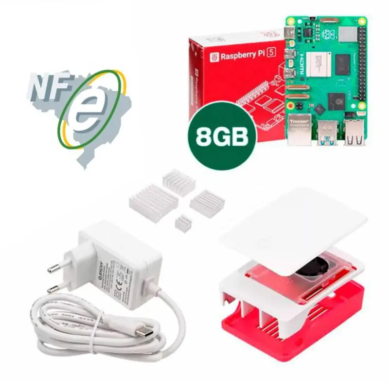 Kit Raspberry Pi 5 8GB c/ Case Oficial c/ Cooler Fan e Fonte 27W