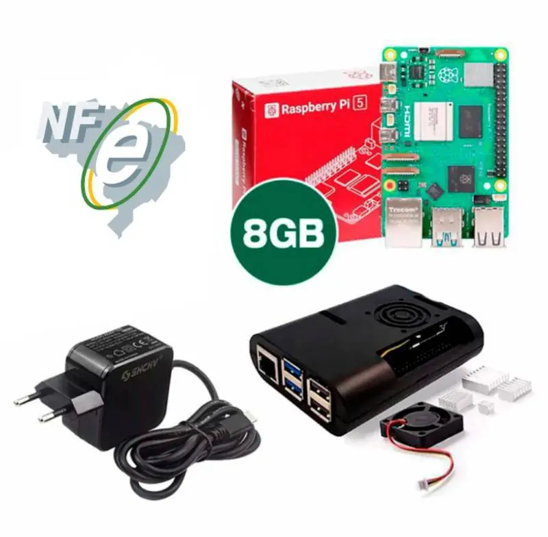 Kit Raspberry Pi 5 8GB c/ Case, Cooler, Dissipadores e Fonte 27W