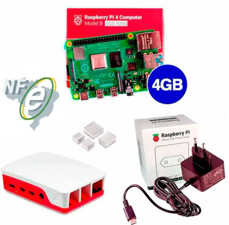 Kit Raspberry Pi 4 4GB c/ Case e Fonte Oficiais + Dissipadores