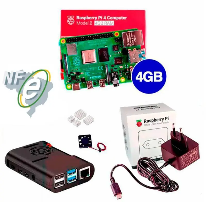 Kit Raspberry Pi 4 4GB c/ Case, Cooler, Fonte Oficial e Dissipadores