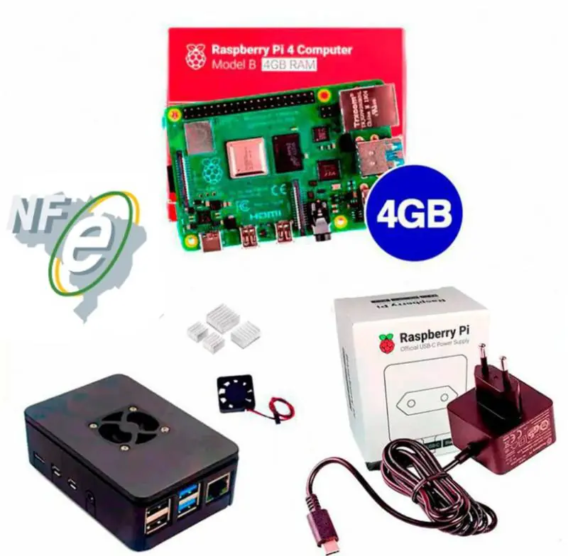 Kit Raspberry Pi 4 4GB c/ Case, Cooler, Fonte Oficial e Dissipadores