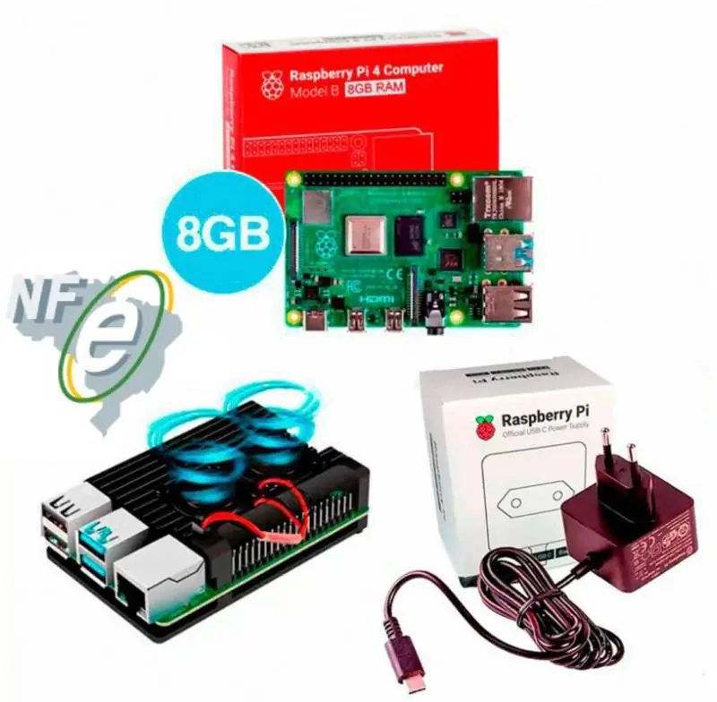 Kit Raspberry Pi 4 8GB c/ Case Alumínio c/ Duplo Cooler Fan e Fonte Oficial