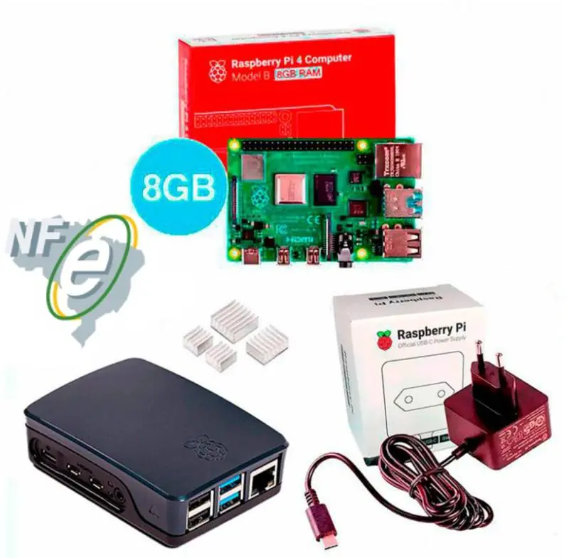 Kit Raspberry Pi 4 8GB c/ Case e Fonte Oficiais + Dissipadores