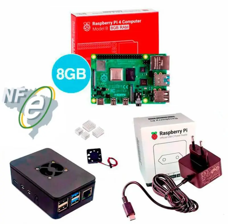 Kit Raspberry Pi 4 8GB c/ Case, Cooler, Fonte Oficial e Dissipadores