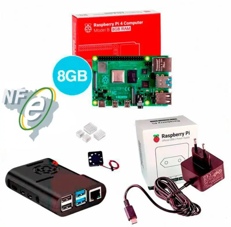 Kit Raspberry Pi 4 8GB c/ Case, Cooler, Fonte Oficial e Dissipadores