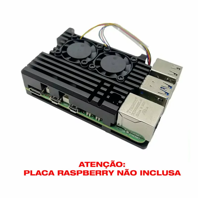 Case Alumínio p/ Raspberry Pi 5 com Duplo Cooler FAN