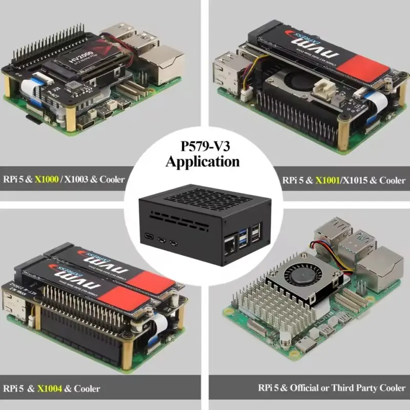 Case Geekworm 579-V3 para Raspberry Pi 5 | Compatível com PCIe M.2 NVMe SSD Shield Top X1001, X1003, X1000, X1004, X1015 & Active Cooler